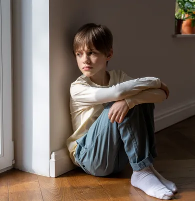 Young boy sitting alone, symbolizing childhood trauma and isolation.